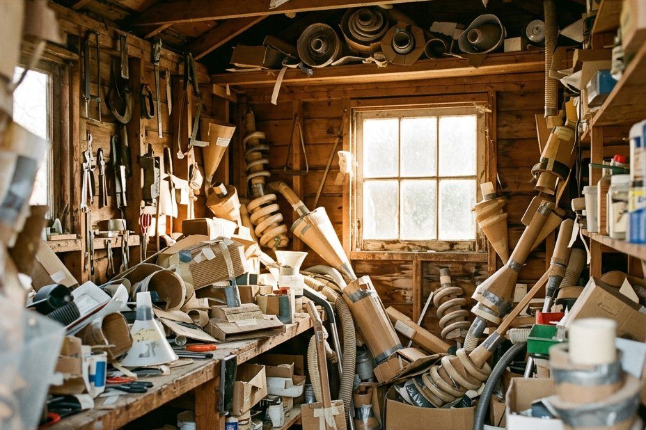 A cluttered workshop full of cardboard and plastic vacuum prototypes