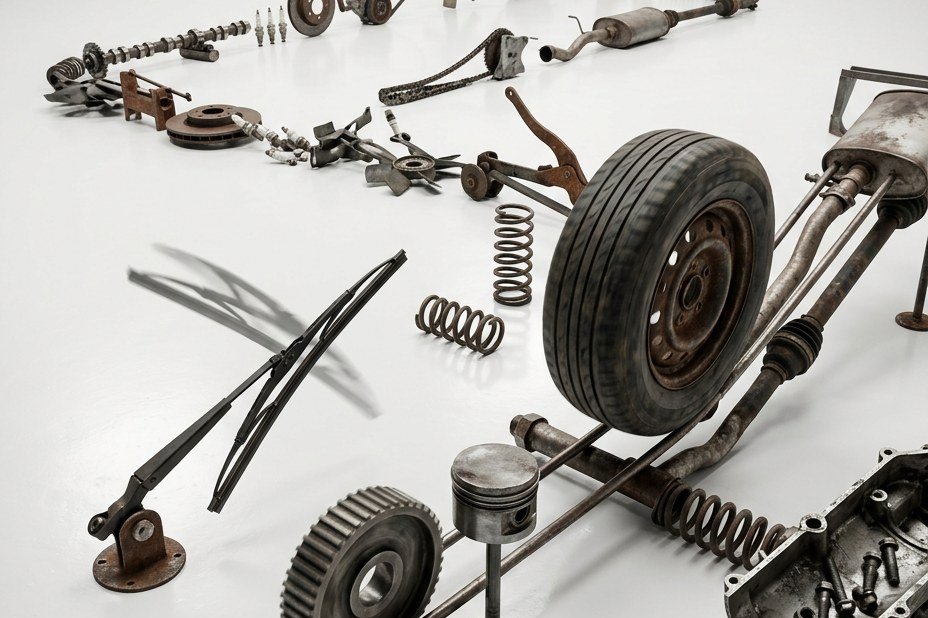 Car parts laid out in a chain reaction on a white floor