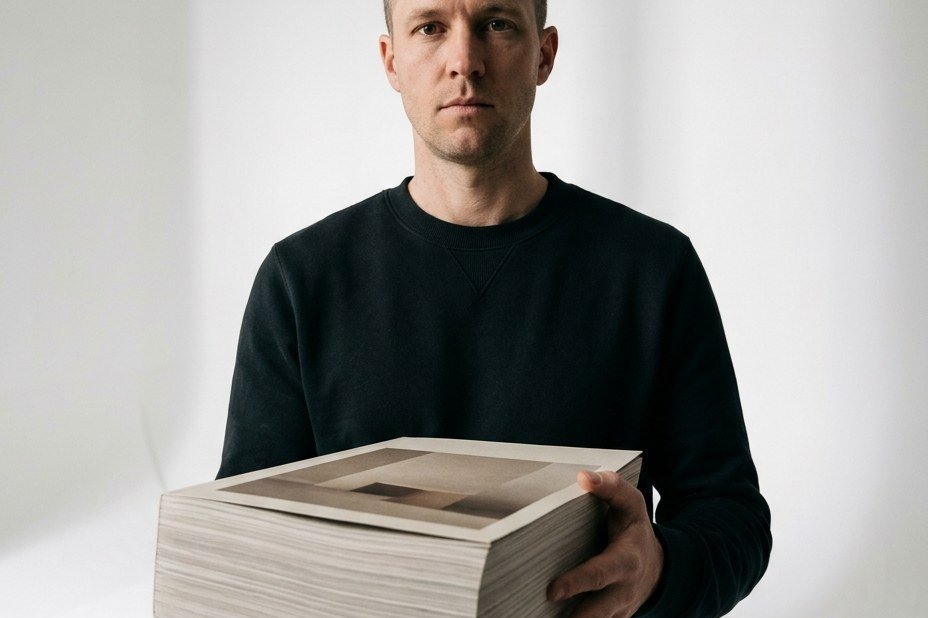 A man in a black sweater presenting a thick printed catalogue against a white wall