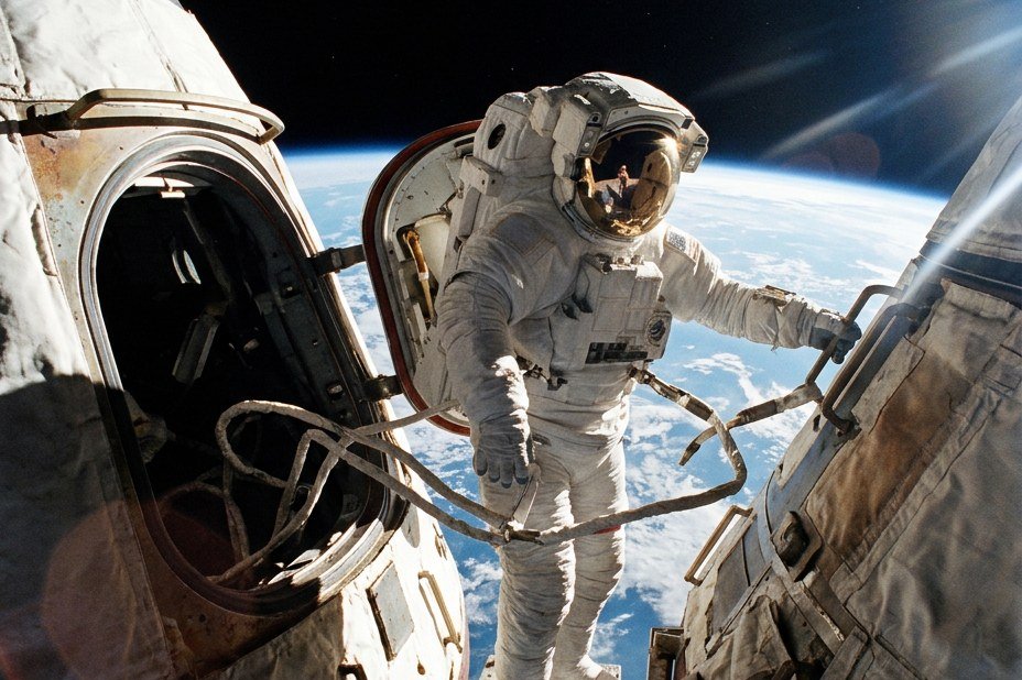 A figure in a pressure suit standing at the edge of a capsule high above the Earth