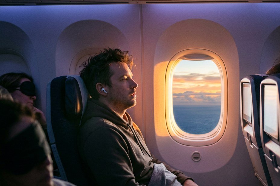 A man waking up in a plane seat at sunrise, wearing earbuds