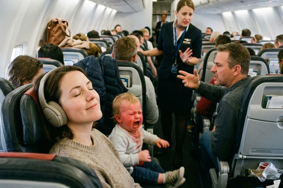 A calm woman with headphones on a plane next to a crying toddler