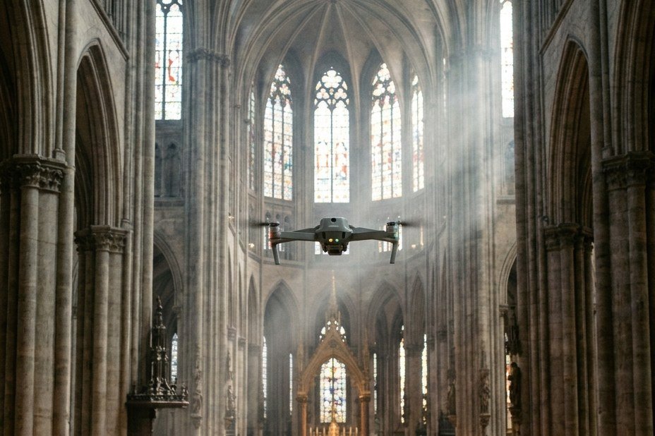 A small drone hovering in the nave of a gothic cathedral