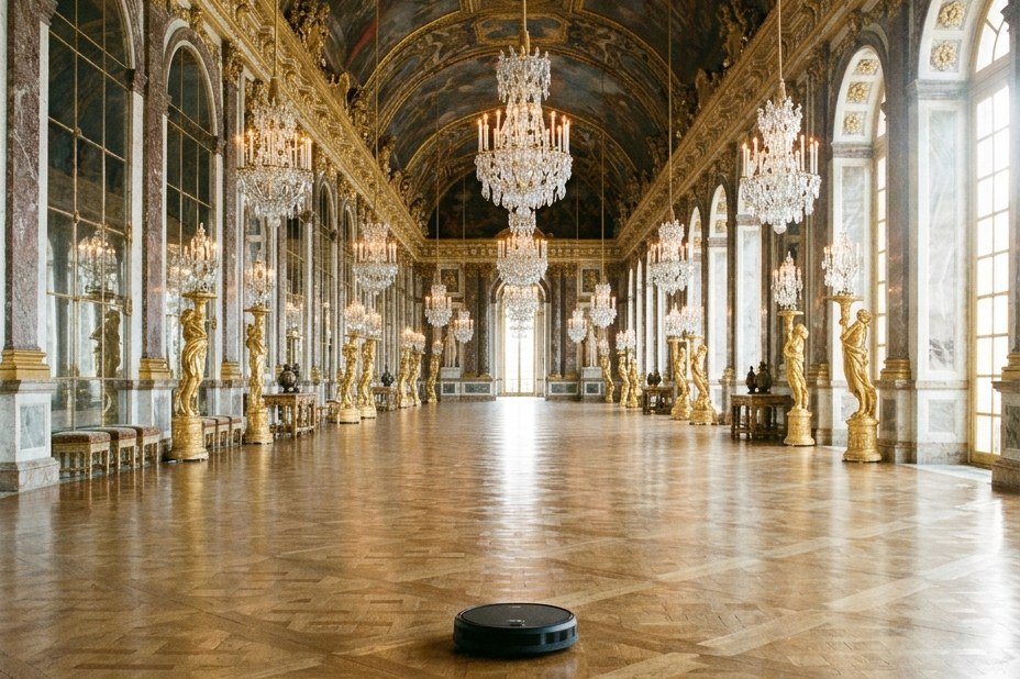 A robot vacuum on the parquet of a palace hall with chandeliers